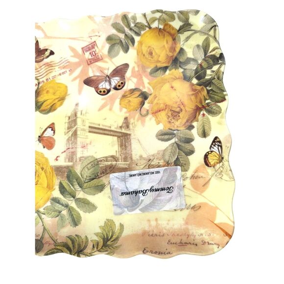 Yellow Rose Butterfly Serving Tray Platter French Postage Stamp Melamine NEW - Picture 4 of 5